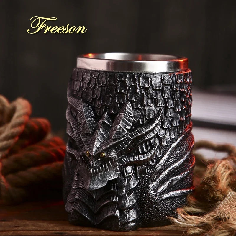 Afralia™ Medieval Dragon Skull Beer Mug 600ml Stainless Steel Tankard Pub Bar Decor