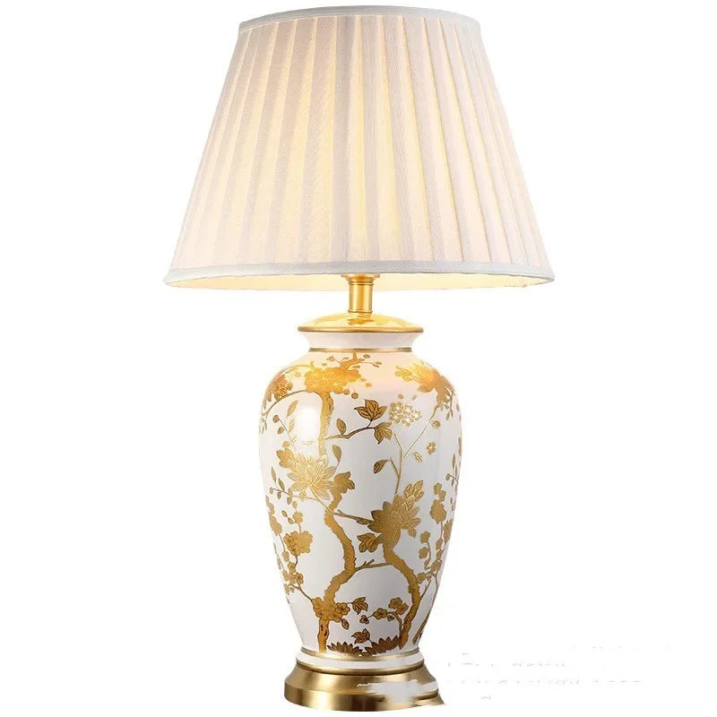 Afralia™ Copper Base Ceramic Table Lamp with Fabric Lampshade