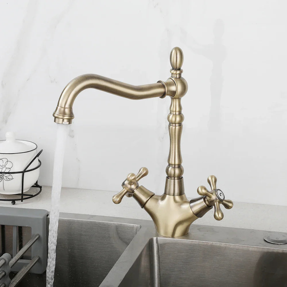 Afralia™ Antique Brass Dual Handle Swivel Sink Faucet Rotated Mixer Tap