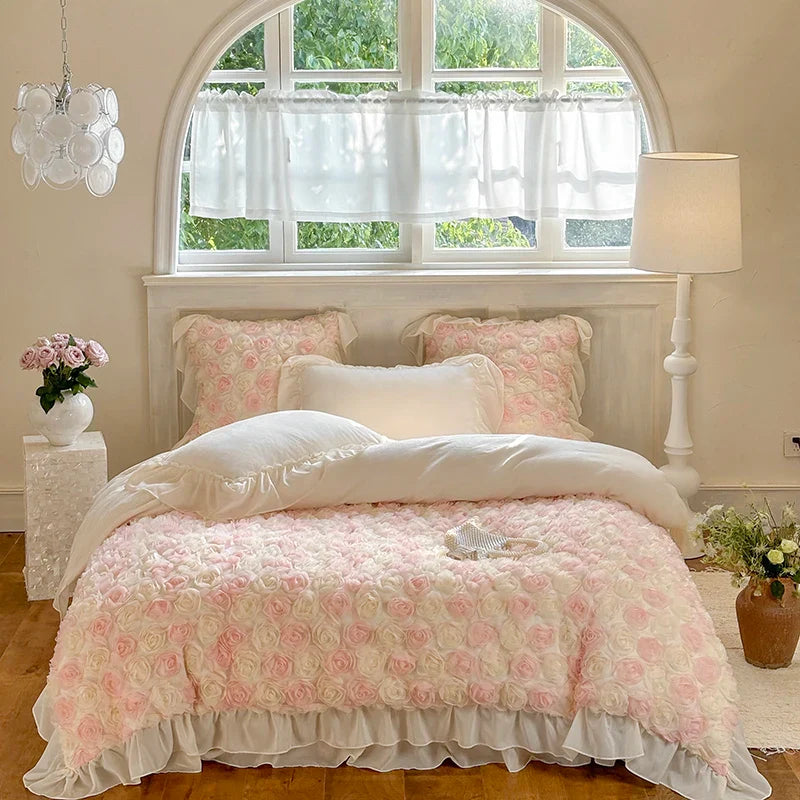 Afralia™ Luxe Rose Lace Ruffles Princess Bedding Set - 4Pcs