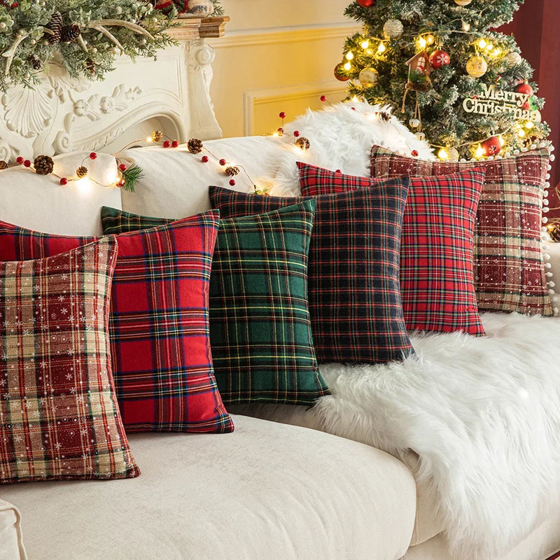 Afralia™ Christmas Plaid Cushion Cover, Classic Green Red Throw Pillow for Home Decor