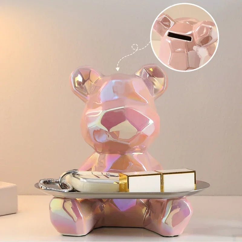 Afralia™ Ceramic Bear Statue with Keys, Cosmetic Tray, Piggy Bank Bookshelf Decoration