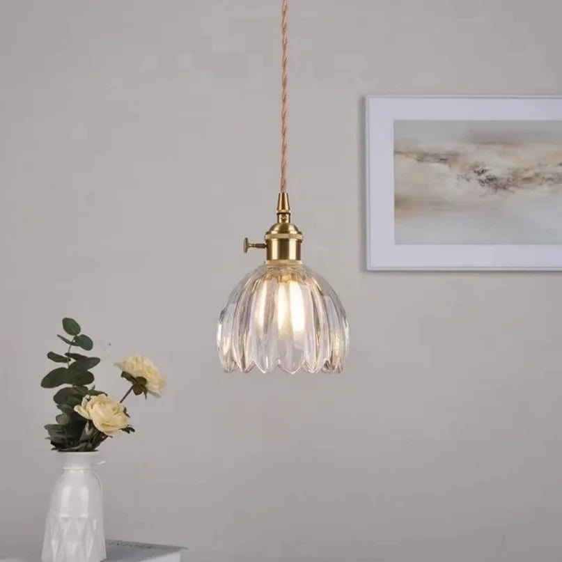 Afralia™ Retro Flower Glass Copper Pendant Lamp: Nordic LED Light for Bedroom Decor