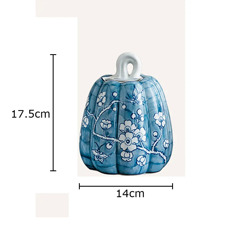 Afralia™ Blue White Porcelain Pumpkin Vase Desk Decoration Artificial Flowers Bouquet