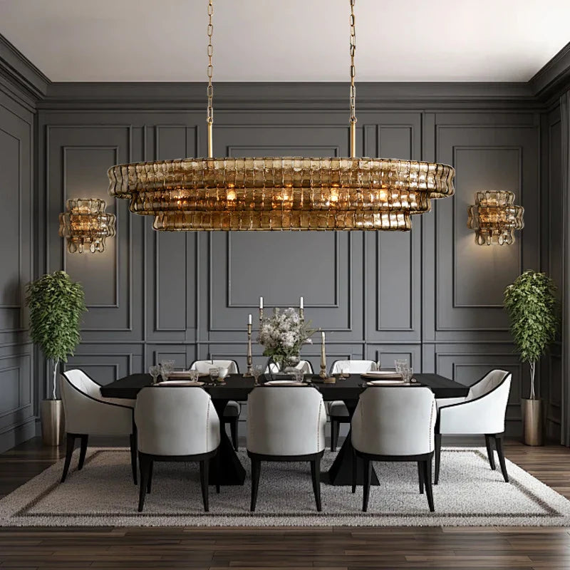 Afralia™ Brown Glass Pendant Lights for Dining Table Chandelier, Oval Clear Round Suspension Lamp