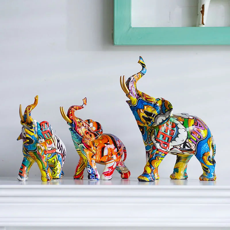 Afralia™ Elephant Resin Figurine: Graffiti Animal Statue for Home Feng Shui Decor