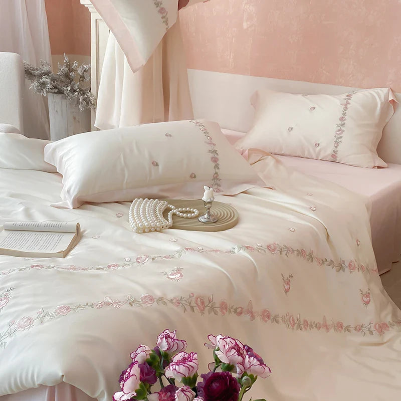 Afralia™ Rose Flowers Embroidery Bedding Set - Soft Lyocell Cotton, Silky Duvet Cover, Sheet, Pillowcases