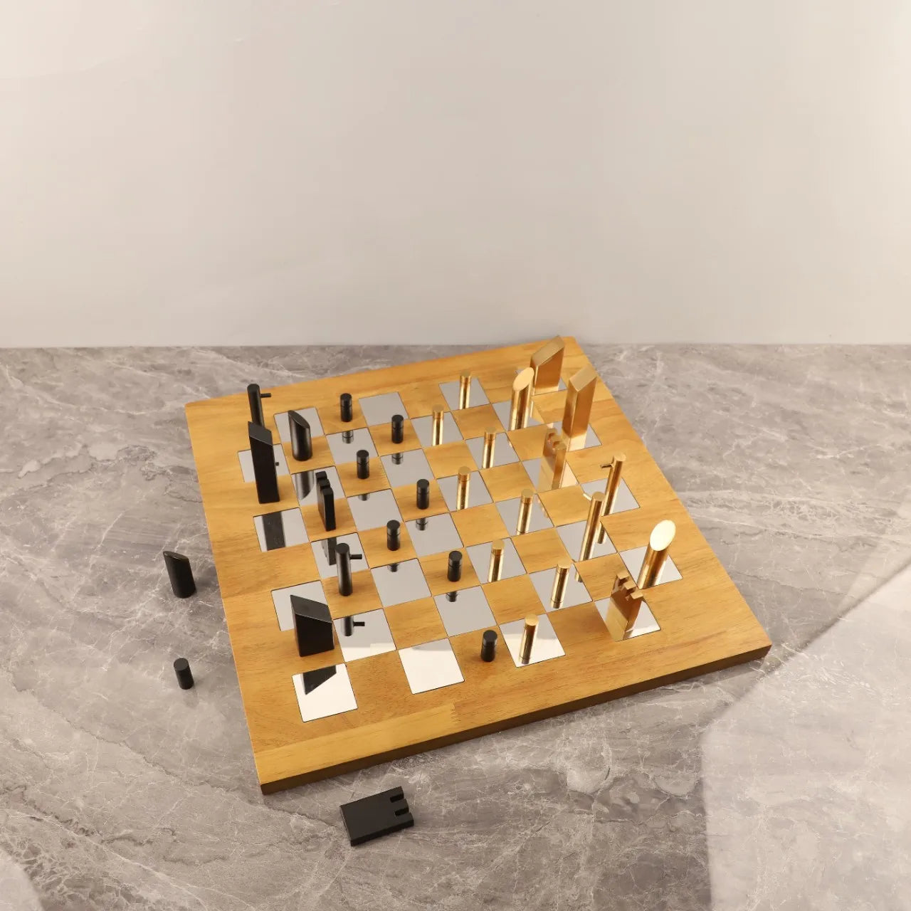 "Afralia™ Geometric Block Chess Set - Wooden Metal Chessboard Home Decor"