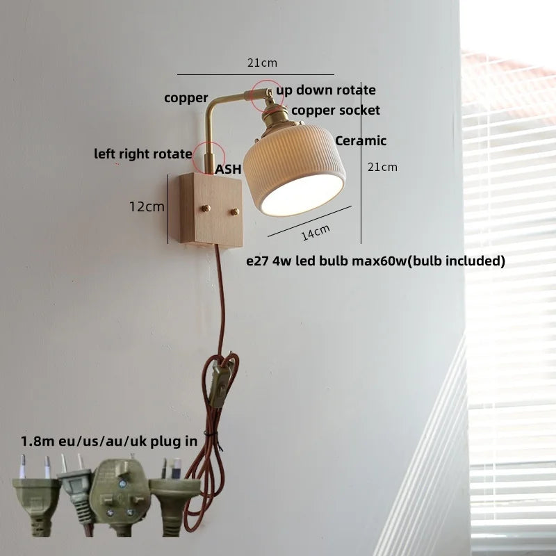 Afralia™ Ceramic LED Wall Light Fixture White Copper Walnut Ash Bedside Lamp