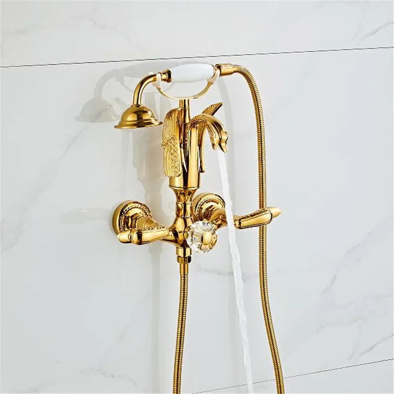 Afralia™ Gold Swan Bathtub & Shower Faucet Set - Wall Mounted Bathroom Mixer Tap