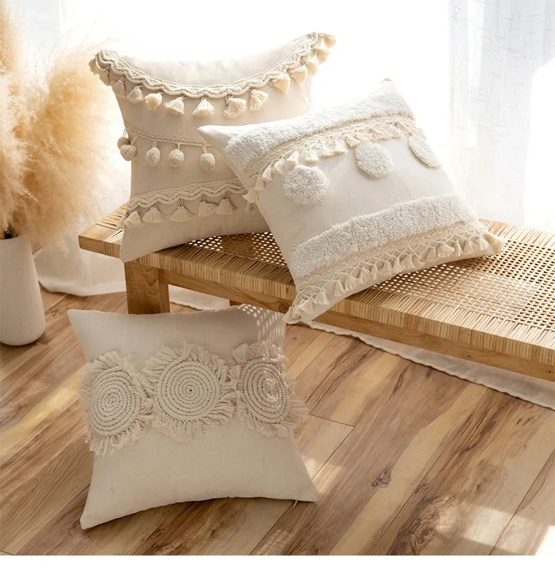 Afralia™ Beige Tufted Fringed Cushion Cover Cotton Linen Tassel Crochet Pillow Cover