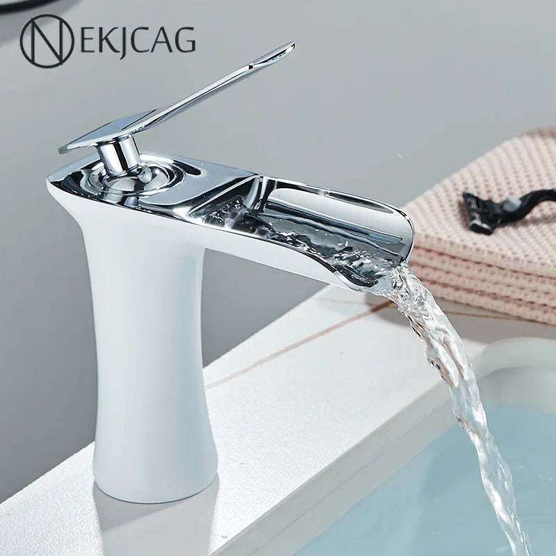 Afralia™ White/Chrome Basin Faucet: Large Water Outlet, Single Hole Installation, Cold & Hot Mixer
