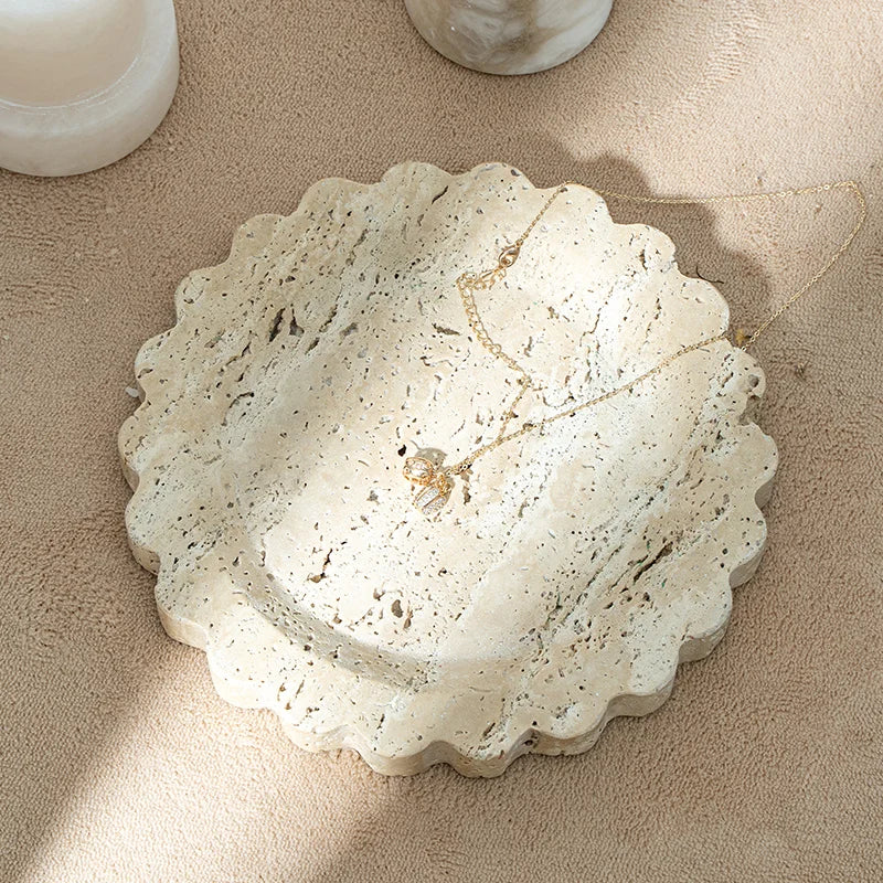 Afralia™ Marble Travertine Serving Tray Scalloped Edge Square Display Tray