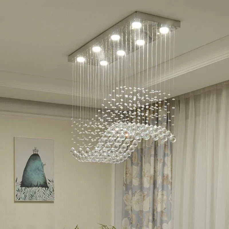 Afralia™ LED Crystal Chandelier Chrome Finish Modern Wave Art Decor Suspension Light