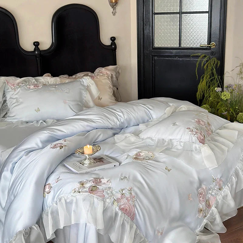 Afralia™ Vintage Lace Ruffles Embroidery Bedding Set with Duvet, Sheet, and Pillowcases
