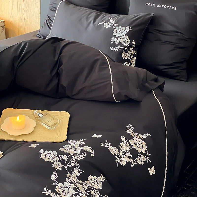 Afralia™ Egyptian Cotton Flowers Embroidery Bedding Set in Black, Red, and Khaki