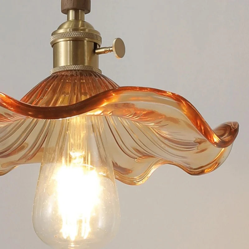 Afralia™ Amber Glass LED Pendant Light, Nordic Modern Design, Walnut Wood, Dining Living Room Lighting