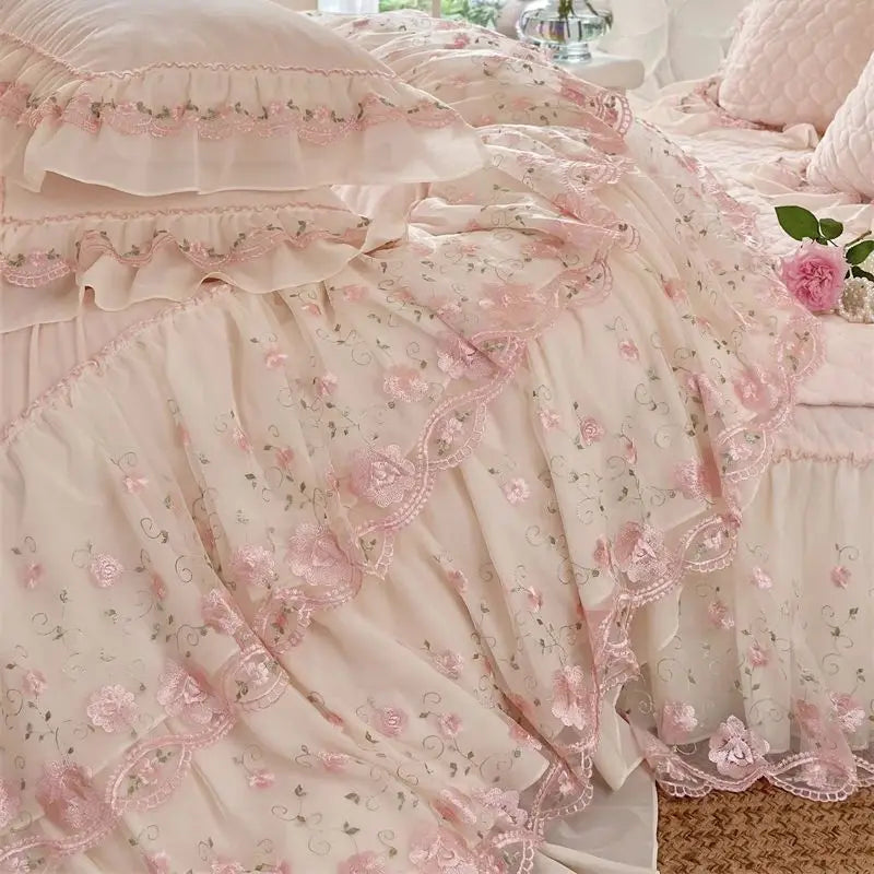 Afralia™ Winter Velvet Princess Bedding Set with Lace Ruffles and Quilted Bed Skirt
