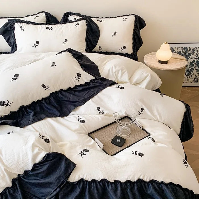 Afralia™ Rose Embroidered Princess Style Lace Bedding Set