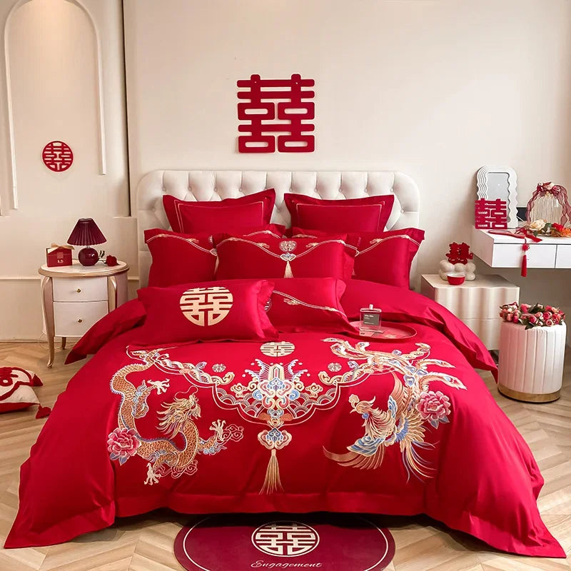 Afralia™ Red Wedding Cotton Bedding Set: King & Queen Sheet Pillowcase Duvet Cover