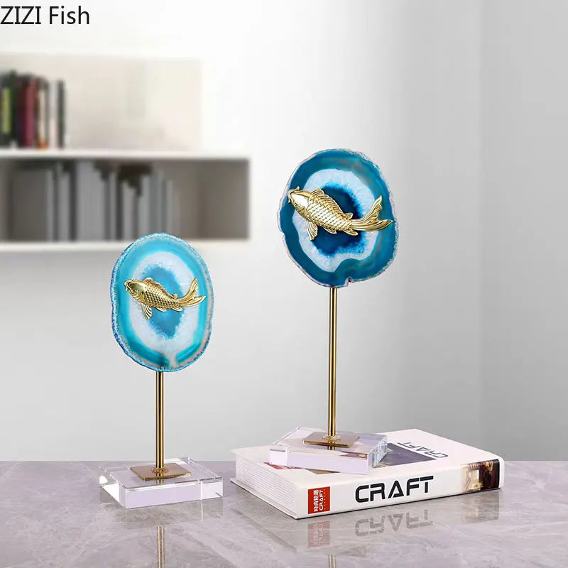 Afralia™ Blue Agate Golden Fish Statue on Crystal Base - Modern Room Decor