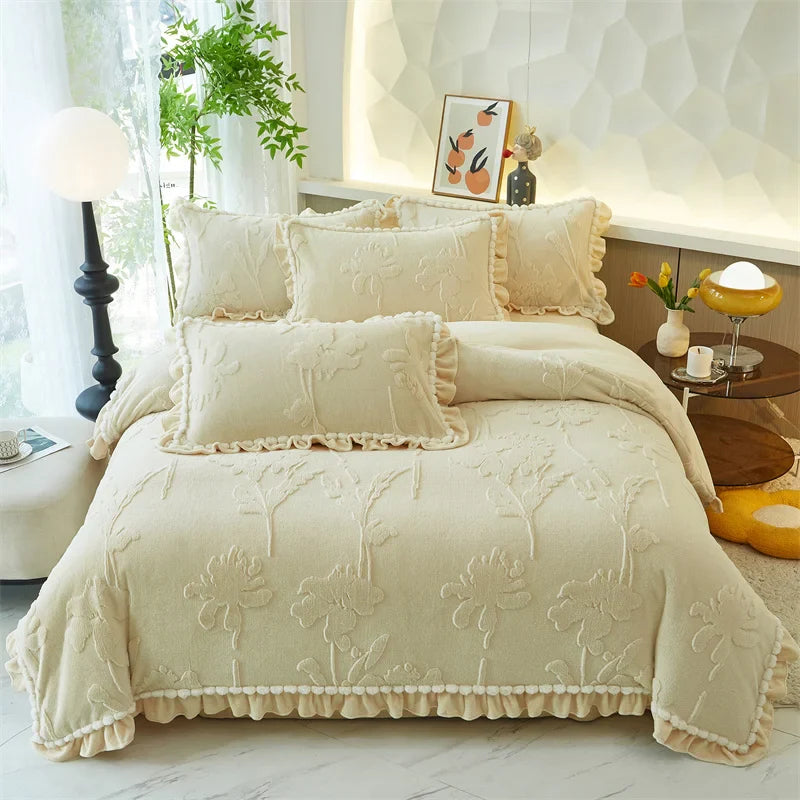 Velvet Ruffles Luxury Bedding Set by Afralia™: 3D Carved Plush Duvet Cover, Bed Sheet, Pillowcase