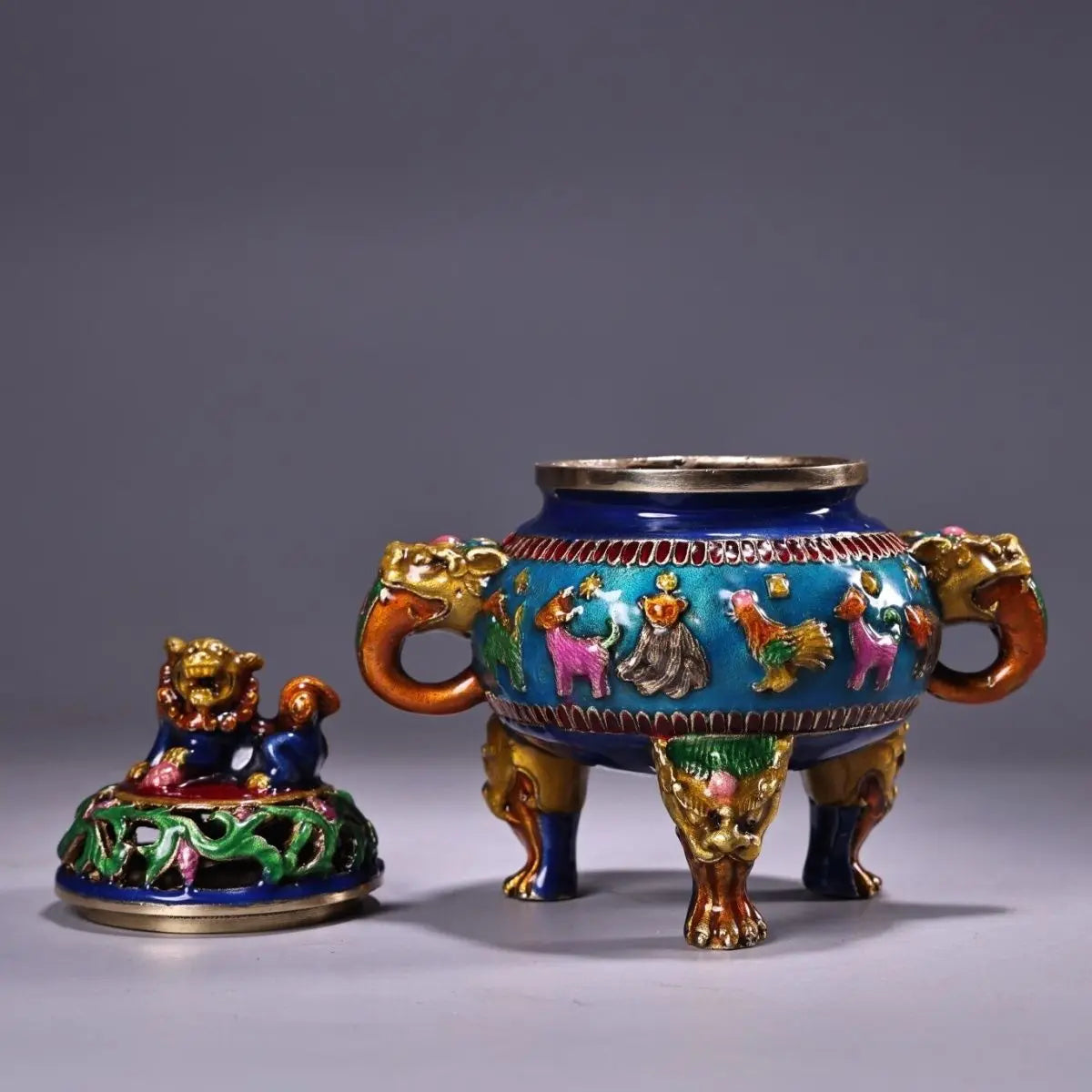 Afralia™ Bronze Cloisonne Lion Dragon Incense Burner Ornament