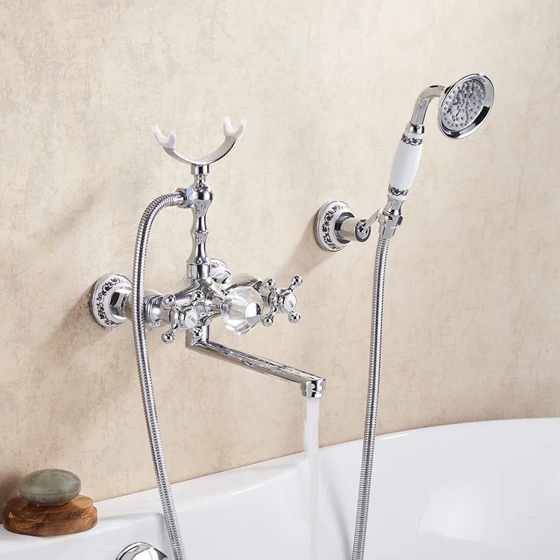 Afralia™ Gold Brass Wall Mounted Bathtub Faucet with Hand Held Shower Kit