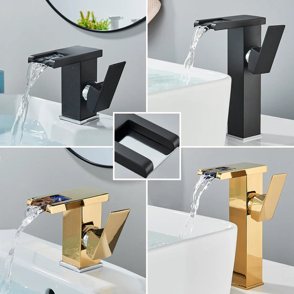 Afralia™ LED Waterfall Bathroom Sink Faucet Hot Cold Mixer Tap Deck Mounted