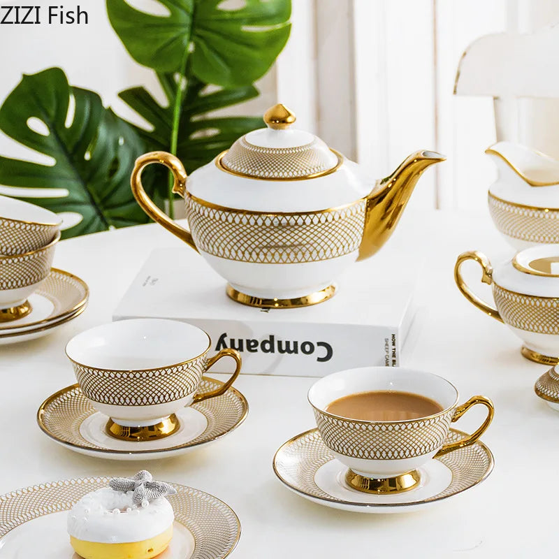 Afralia™ Gold Ceramic Tea Set for Dining Table, Coffee Mug, Teapot, Afternoon Tea & Beverage Container