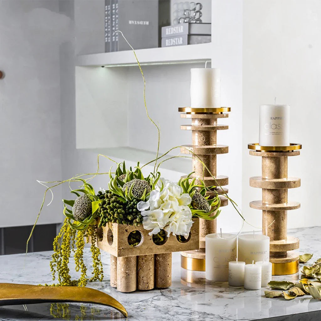 Afralia™ Luxe Brown Travertine Marble Candle Holder with Metal Base