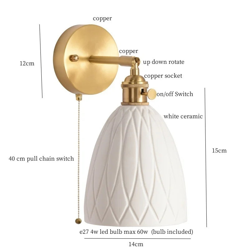 Afralia™ Ceramic LED Wall Sconce Light with Pull Chain Switch
