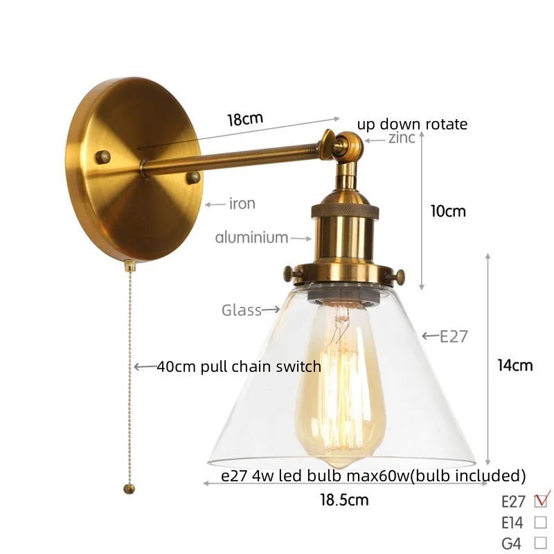 Afralia™ Clear Glass Iron LED Wall Sconce Rustic Industrial Vintage Plug In Light