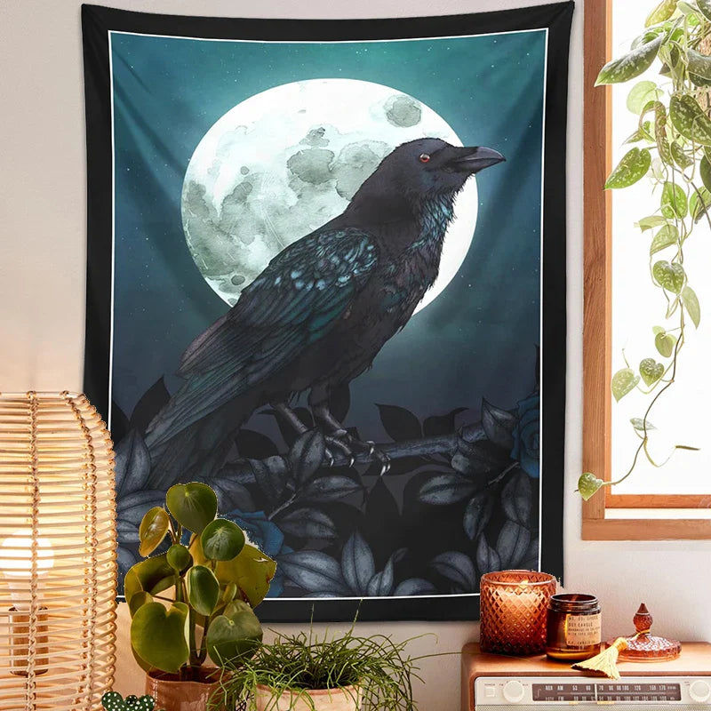 Afralia™ Raven & Moon Gothic Tapestry Wall Hanging for Dark Rose Bird Lover Room