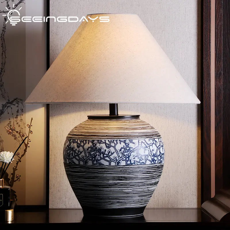 Afralia™ Ceramix Pot Table Lamp | Retro Bedroom and Living Room Lighting