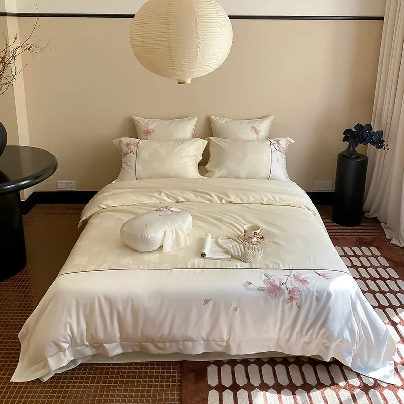 Afralia™ Chinese Floral Embroidery Lyocell Cotton Bedding Set with Silky Softness