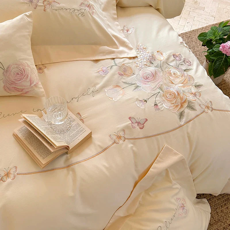 Afralia™ Rose Flowers Embroidery Cotton Bedding Set - Single Queen King Size