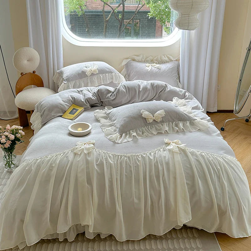 Afralia™ French Princess Lace Ruffles Bedding Set with Velvet Duvet Cover