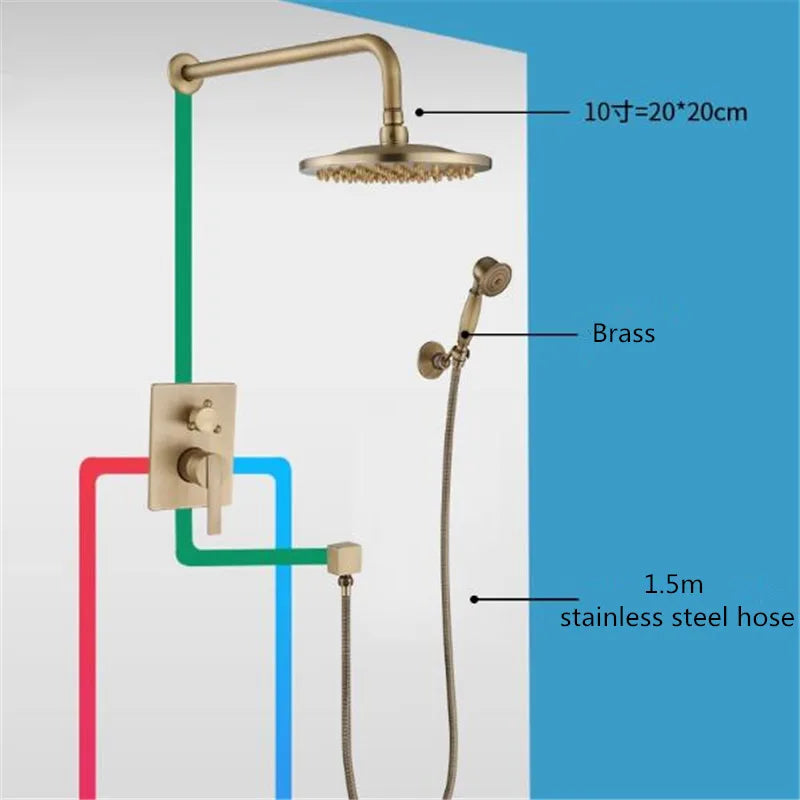 Afralia™ Antique Brass Shower Faucet Set with 10 Inch Round Head - Bathroom Wall Kit