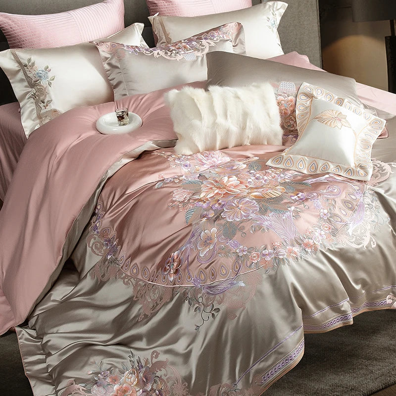 Afralia™ European Palace Style Flowers Embroidery Bedding Set - Duvet Cover, Sheet, Pillowcase