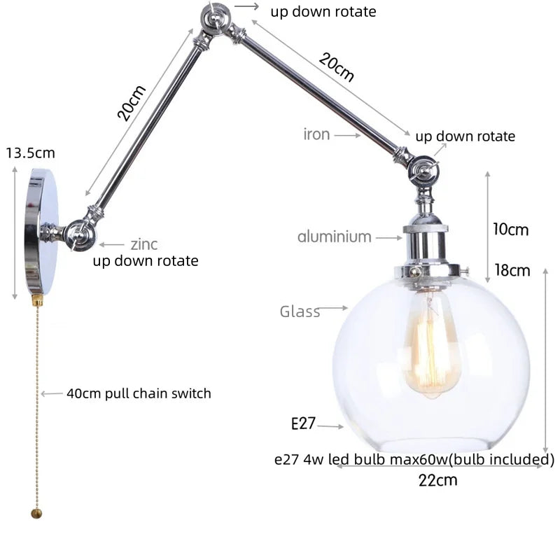 Afralia™ Vintage Loft LED Wall Lights Pull Chain Switch Chrome Clear Glass Fixtures