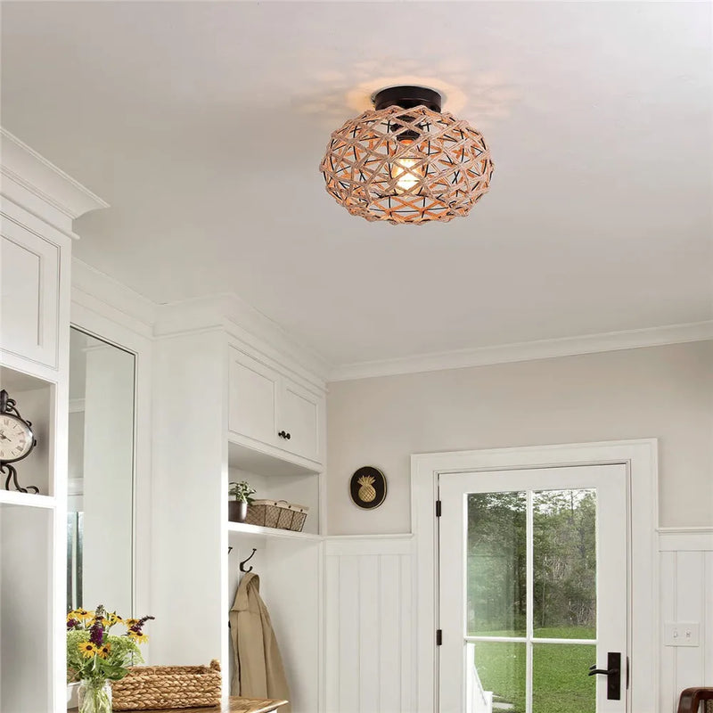 Afralia™ Hemp Rope Cage Ceiling Light Fixture for Farmhouse Decor