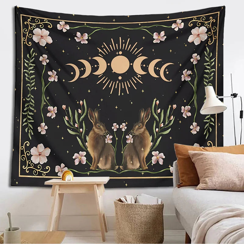 Afralia™ Moon Phase Rabbit Tarot Cloth Celestial Botanical Wall Hanging