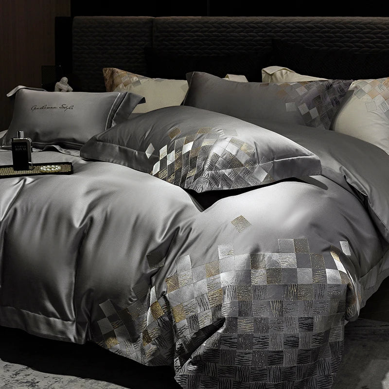 Afralia™ 4-Piece Luxury Embroidery Bedding Set in Pearl White/Grey Satin Brocade Cotton
