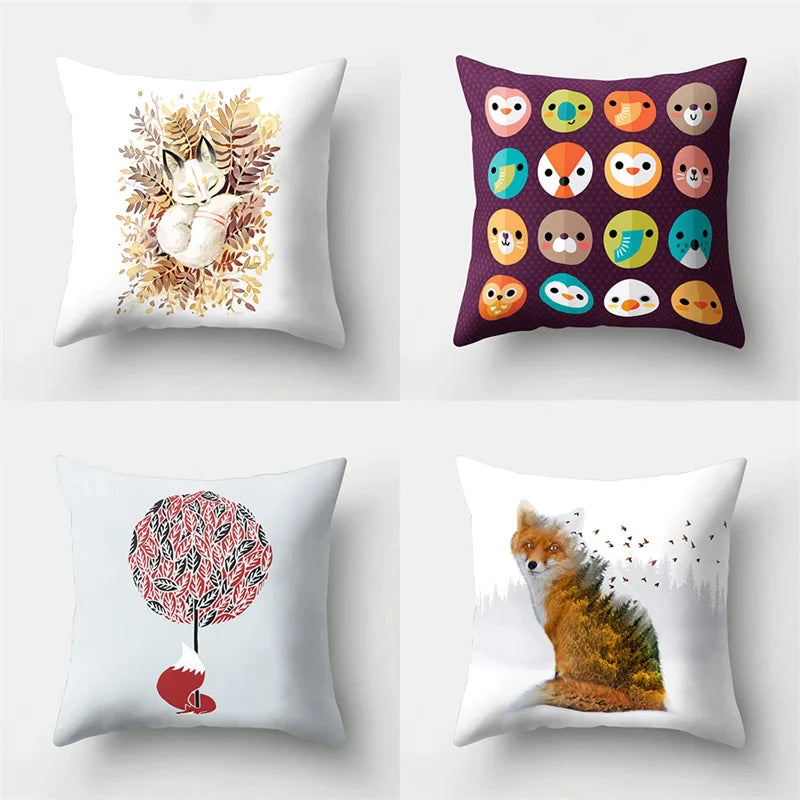 Fox Animal Sofa Pillowcase by Afralia™ - Cartoon Bird Landscape Design for Home Decoration