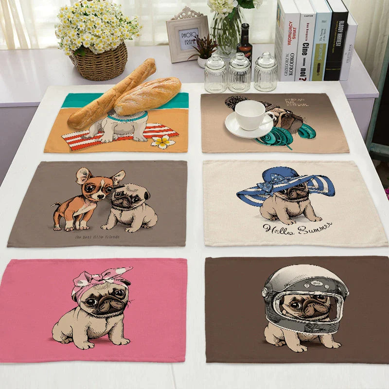 Afralia™ Cute Dog Linen Dining Mats Coasters 42*32cm Home Decor