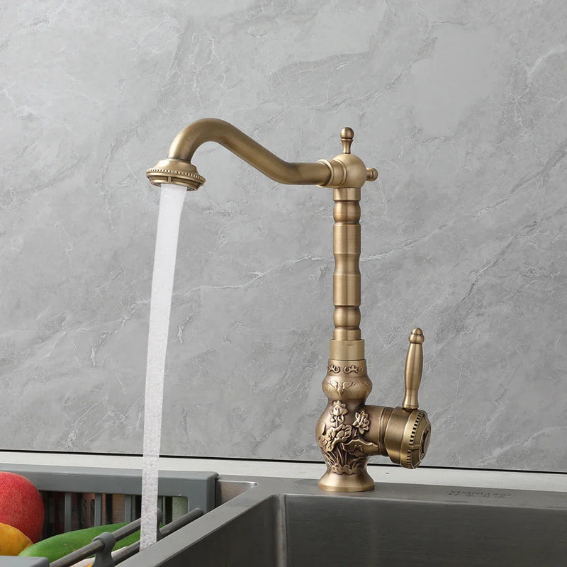 Afralia™ Antique Brass Basin Faucet, 360 Rotation Art Design Kitchen Mixer Tap.