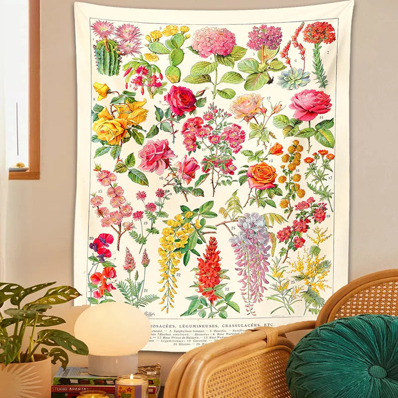 Afralia™ Botanical Floral Tapestry Wall Hanging Garden Flower Illustration Cactus Boho Hippie Dorm Decor