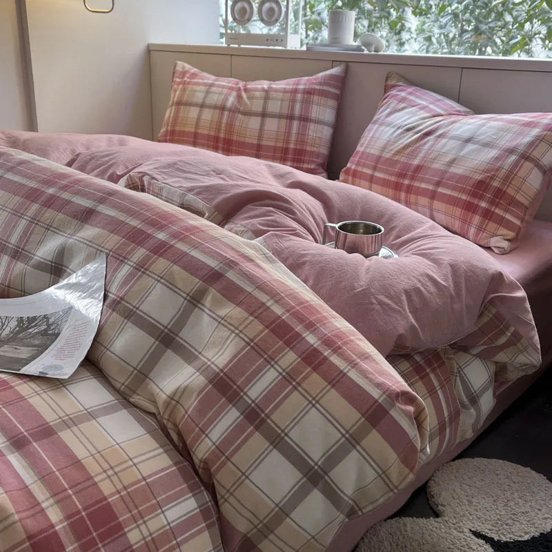 Afralia™ Soft Grid Print Bedding Set for King Queen Double Size Beds