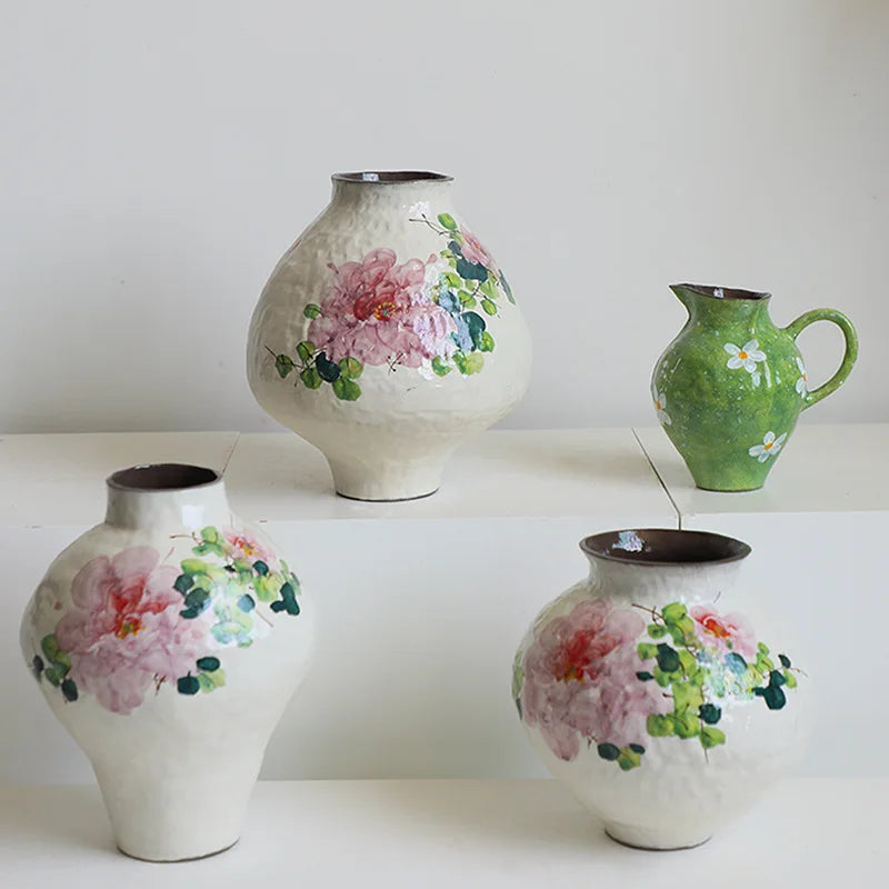 Afralia™ Handmade Chinese Watercolor Flower Vase Retro Decorative Earthenware Jars